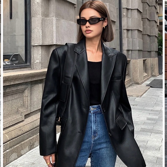 Classic Black Faux Leather Women's Blazer - Picture 5 of 7